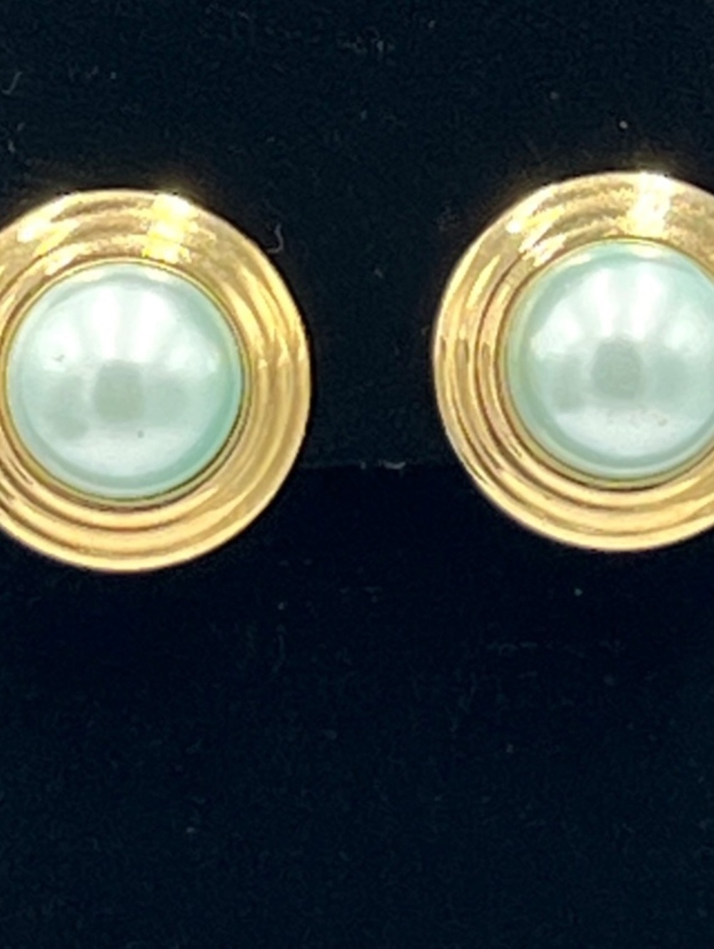 Vintage Crown Trifari Blue Faux Pearl Clip Earrings Goldtone